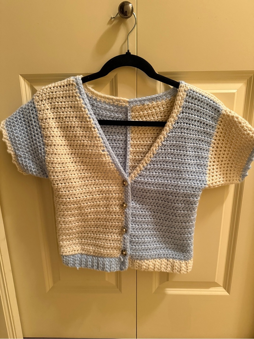 Handmade Crocheted Button-Up Cardigan in Cream and Light Blue